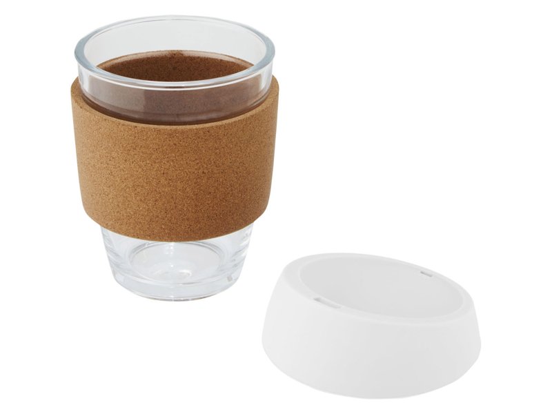 Lidan borosilicaat glazen beker van 360 ml met kurken grip en siliconen deksel