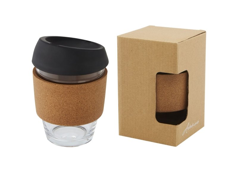 Lidan borosilicaat glazen beker van 360 ml met kurken grip en siliconen deksel