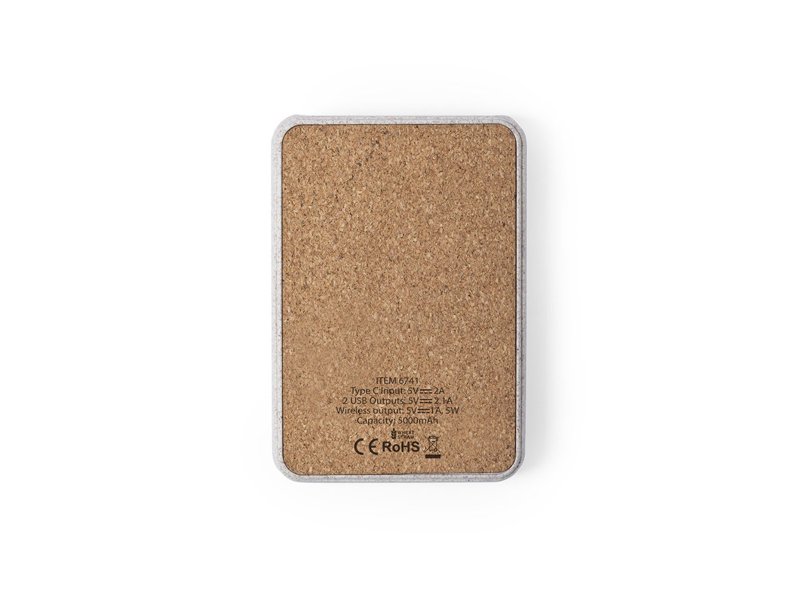 Mooie Merak powerbank 5.000 mAh tarwestro en kurk bedrukt met logo promotieartikel