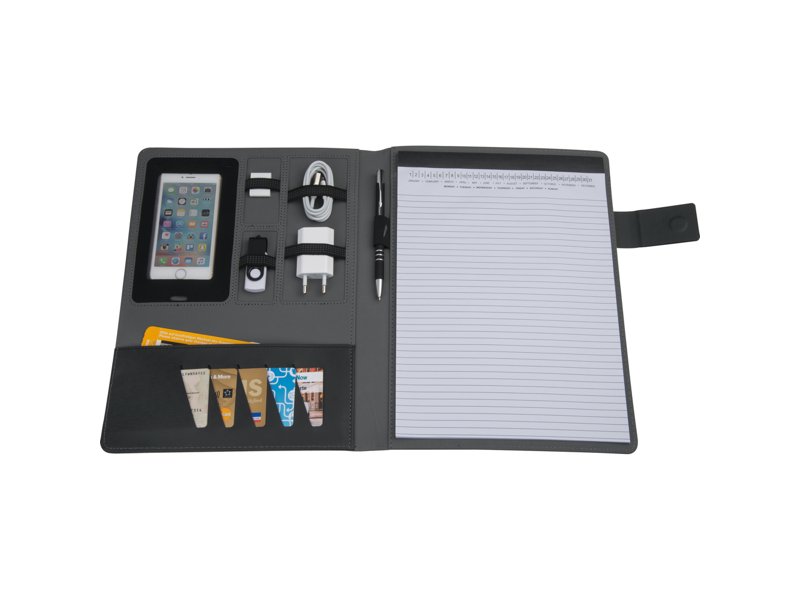 Binnenzijde Salermo schrijfmap met vakken, penhouder en schrijfblok Binnenzijde Salermo schrijfmap met vakken, penhouder en schrijfblok
