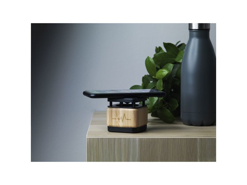 Bamboo Block Speaker met draadloze oplader bedrukken | Jouw relatiegeschenk & promotieartikel