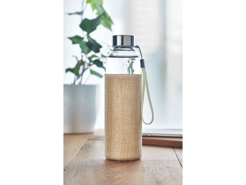 Glazen drinkfles in tasje