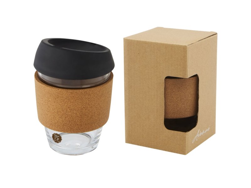 Lidan borosilicaat glazen beker van 360 ml met kurken grip en siliconen deksel