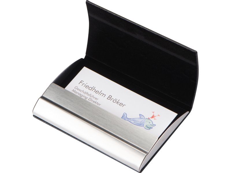 Cardiff visitekaarthouder open met flap en branding zichtbaar Cardiff visitekaarthouder open met flap en branding zichtbaar