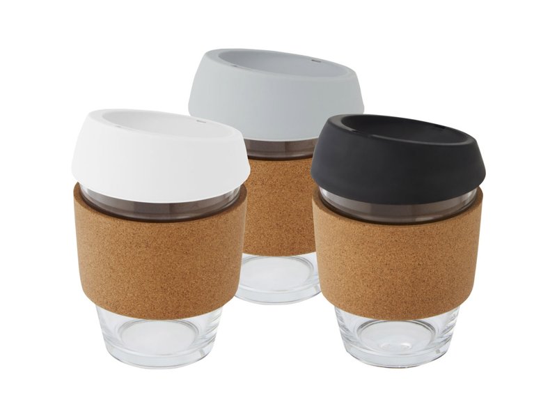 Lidan borosilicaat glazen beker van 360 ml met kurken grip en siliconen deksel