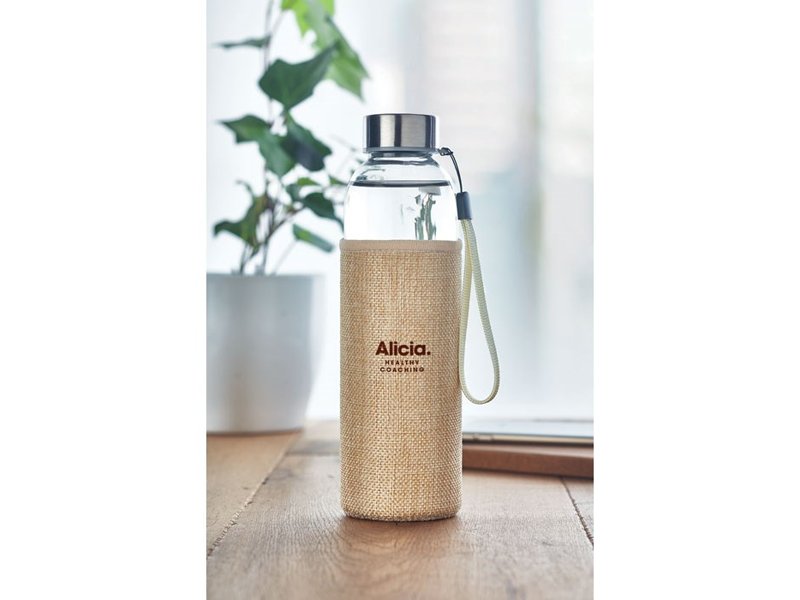 Glazen drinkfles in tasje