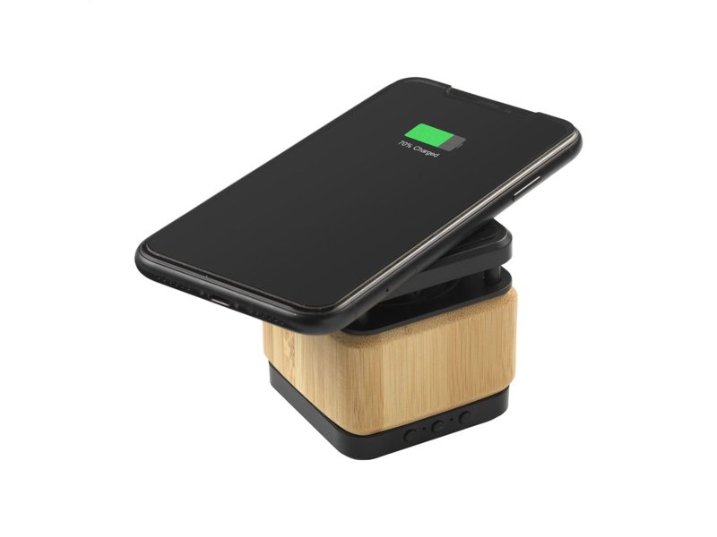 Bamboo Block Speaker met draadloze oplader bedrukken | Jouw relatiegeschenk & promotieartikel