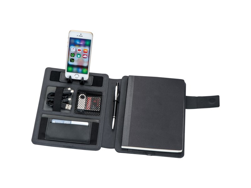 Binnenzijde van de Leno map met insteekvakken, penhouder en schrijfblok